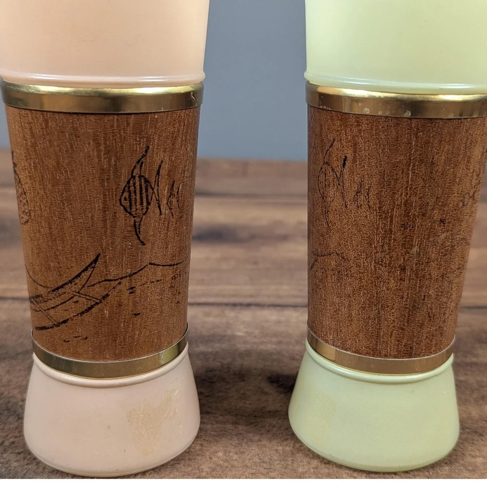 MCM Siesta Ware Drinking Glasses Set Of Four Frosted Glass Wood Accent Gold Trim